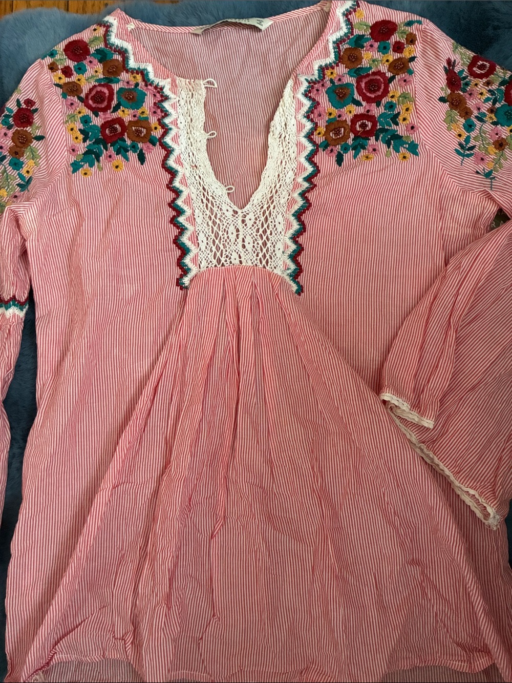 Zara Pink Striped Embroidered Peasant Tunic with Lace